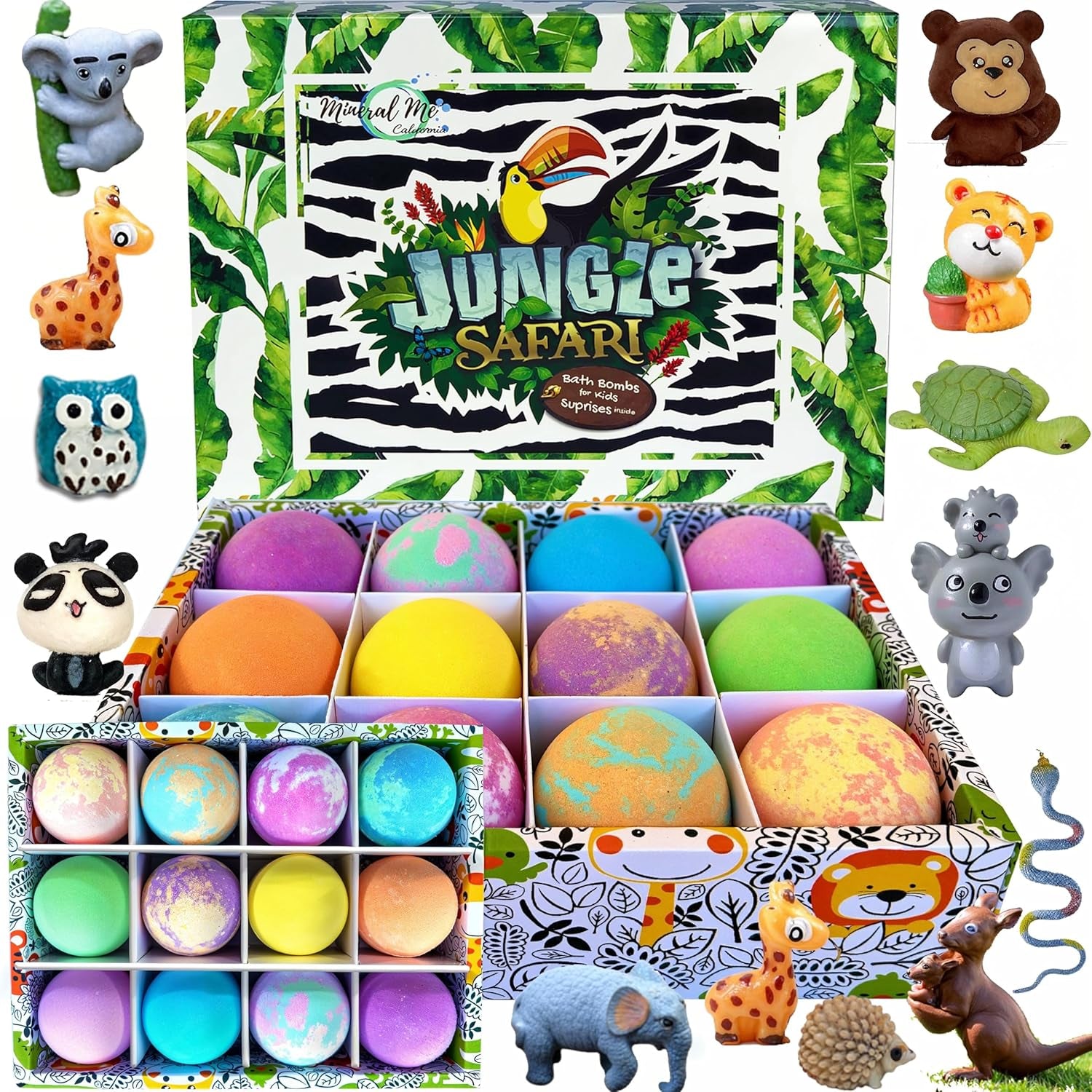 Bath Bombs for Kids with Surprise Inside, 12 Organic Bubble Bath Fizzies with Jungle Animal Toys. Moisturizing, Gentle & Kids Safe, Rainbow Spa Bath Fizz, Birthday Gifts for Kids, Boys, Girls