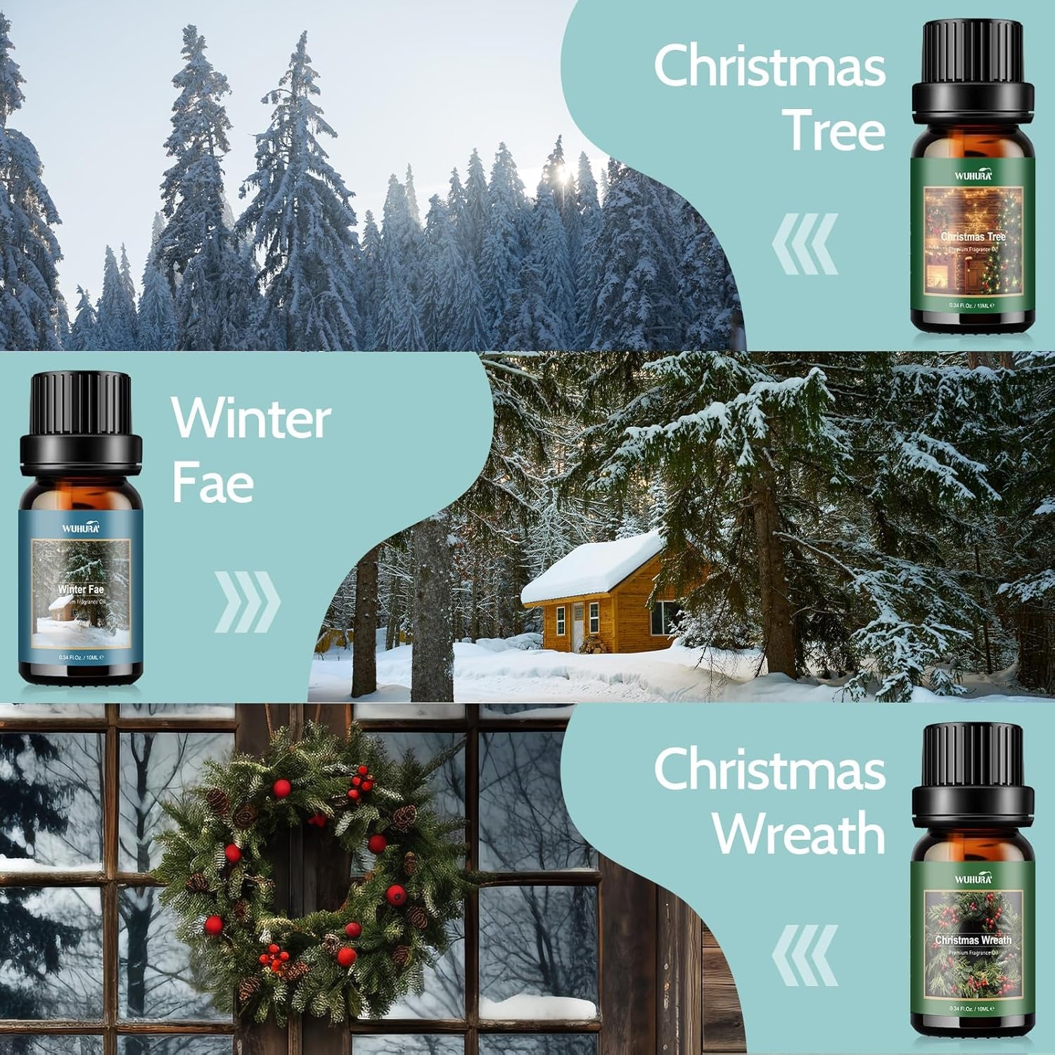 Essential Oils Set, Winter Scents Fragrance Oil Essential Oils for Diffuser Aromatherapy Oils - Gingerbread, Sugar Cookies, Harvest Spice, Winterfae, Christmas Tree, Christmas Wreath, 6X10Ml