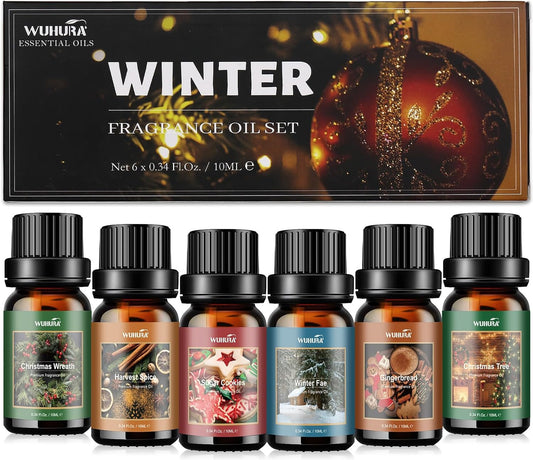 Essential Oils Set, Winter Scents Fragrance Oil Essential Oils for Diffuser Aromatherapy Oils - Gingerbread, Sugar Cookies, Harvest Spice, Winterfae, Christmas Tree, Christmas Wreath, 6X10Ml