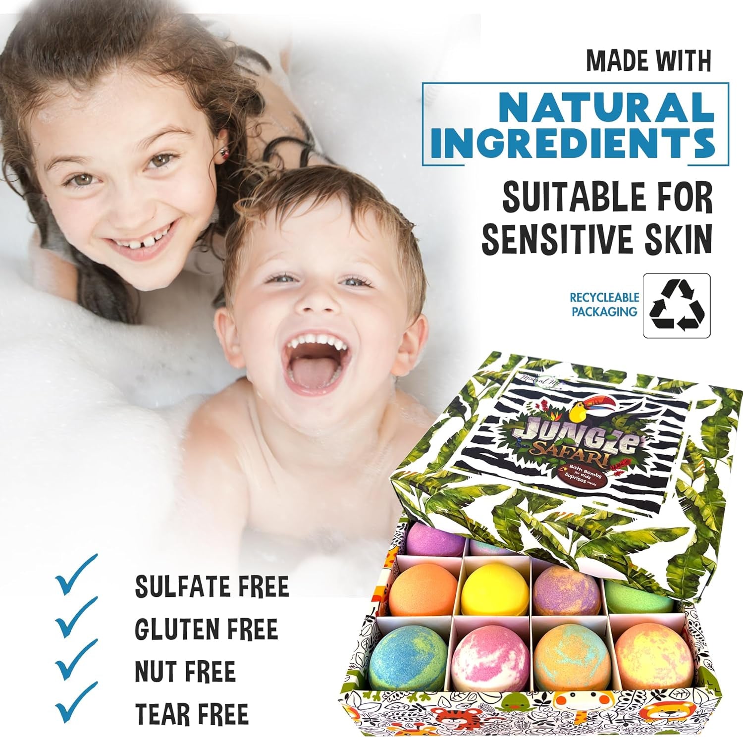 Bath Bombs for Kids with Surprise Inside, 12 Organic Bubble Bath Fizzies with Jungle Animal Toys. Moisturizing, Gentle & Kids Safe, Rainbow Spa Bath Fizz, Birthday Gifts for Kids, Boys, Girls