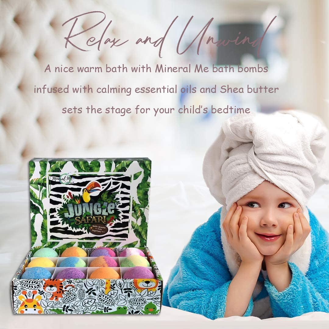 Bath Bombs for Kids with Surprise Inside, 12 Organic Bubble Bath Fizzies with Jungle Animal Toys. Moisturizing, Gentle & Kids Safe, Rainbow Spa Bath Fizz, Birthday Gifts for Kids, Boys, Girls