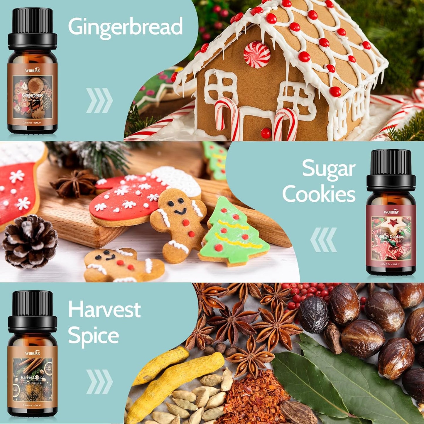 Essential Oils Set, Winter Scents Fragrance Oil Essential Oils for Diffuser Aromatherapy Oils - Gingerbread, Sugar Cookies, Harvest Spice, Winterfae, Christmas Tree, Christmas Wreath, 6X10Ml